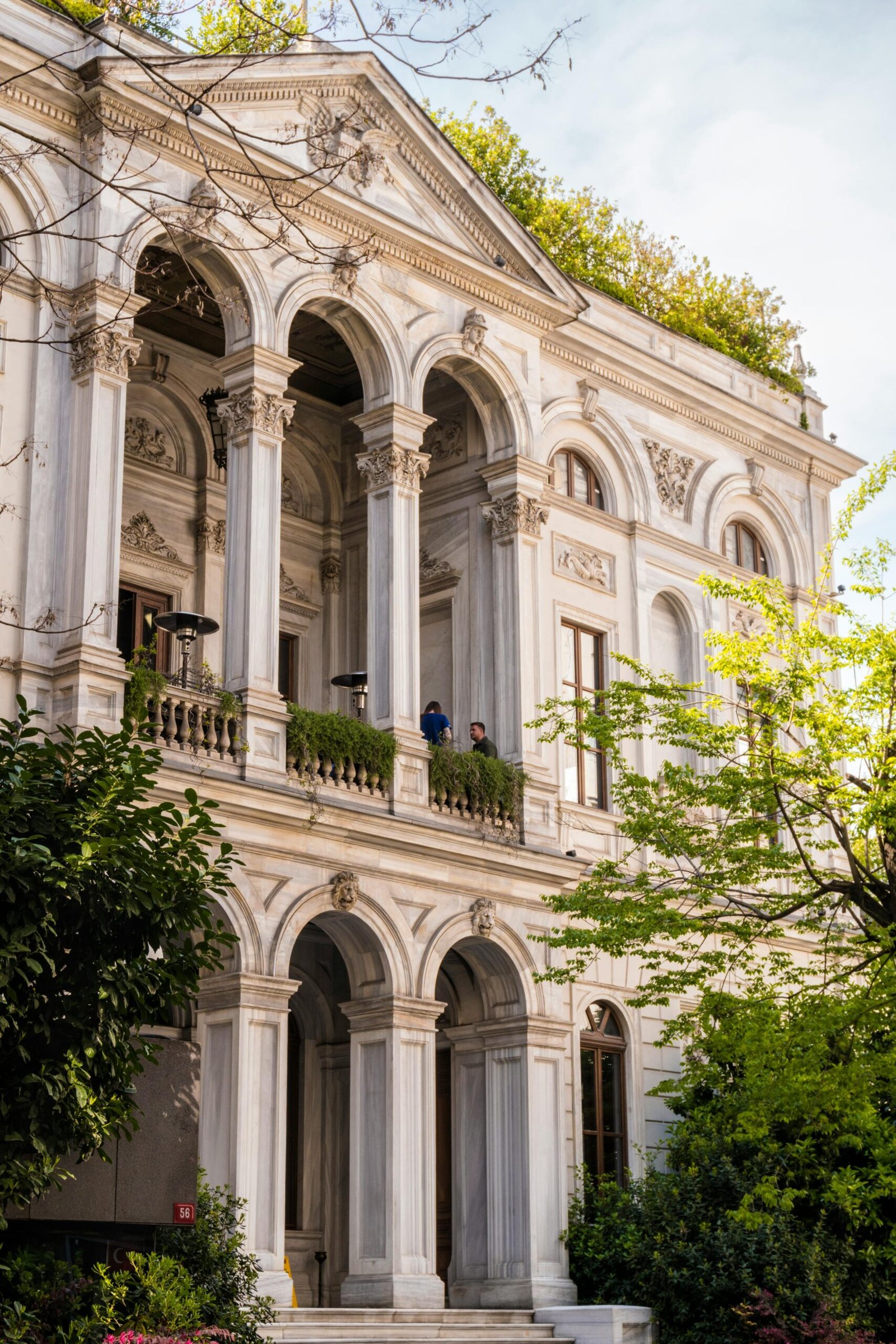 Elegant neo-classical building with arches and columns in Istanbul, Turkey.